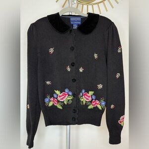Vintage Herman Geist preppy black wool blend floral embroidered cardigan M EUC